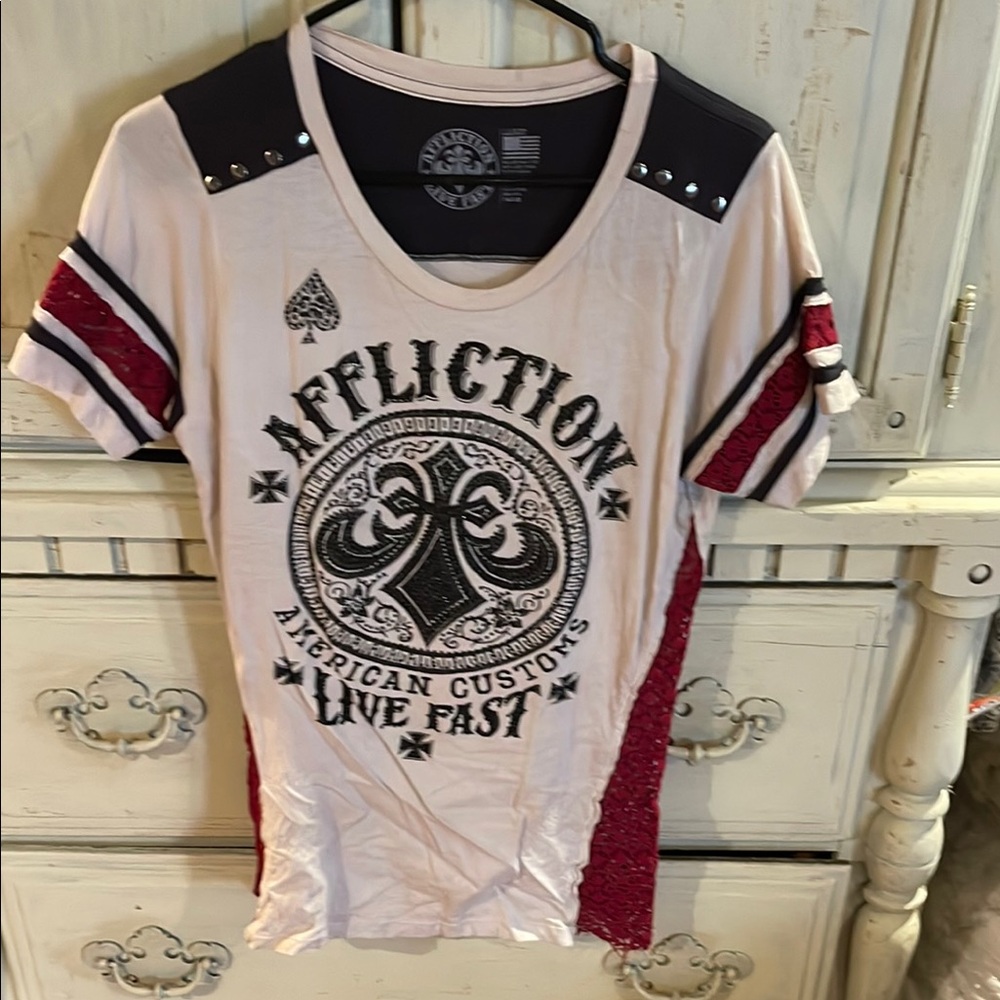 Affliction White and Red Graphic Tee